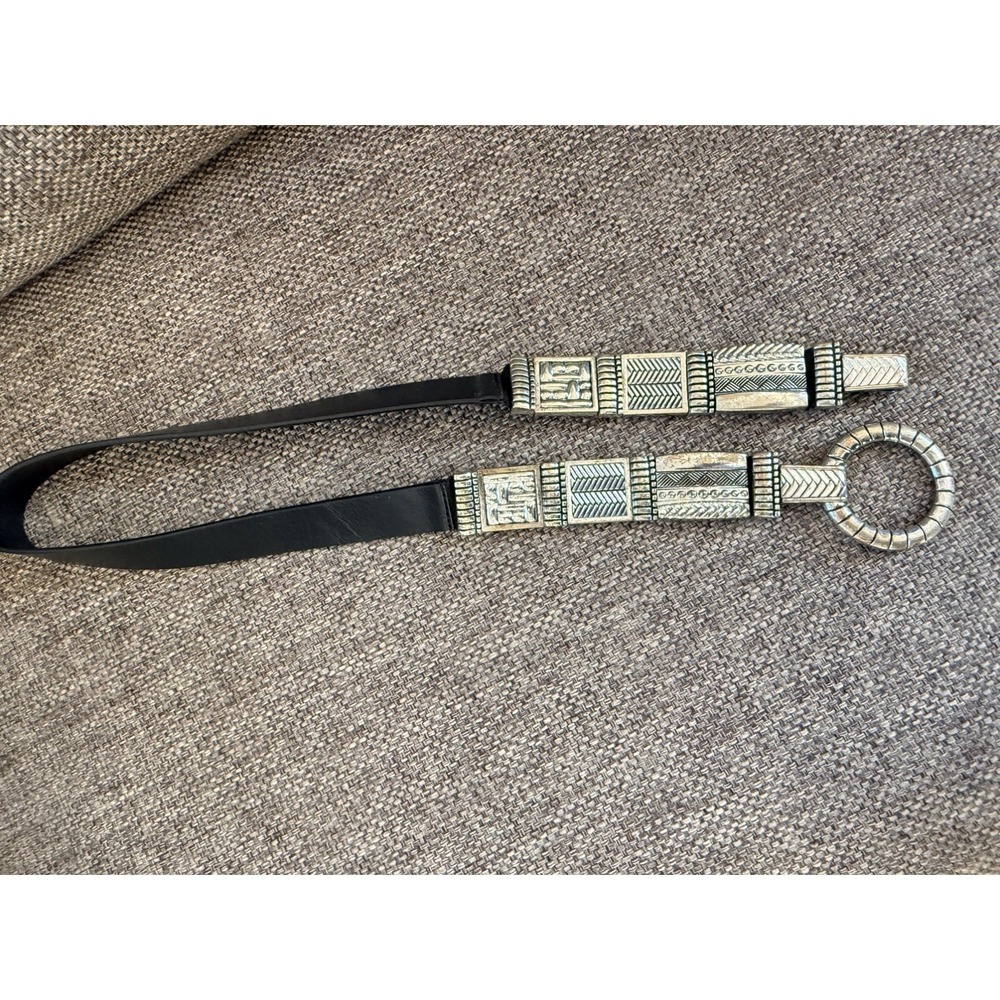 Chico's Limenta Black Silver Hook Buckle Genuine Leather Belt Boho Waist Large